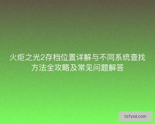 火炬之光2存档位置详解与不同系统查找方法全攻略及常见问题解答